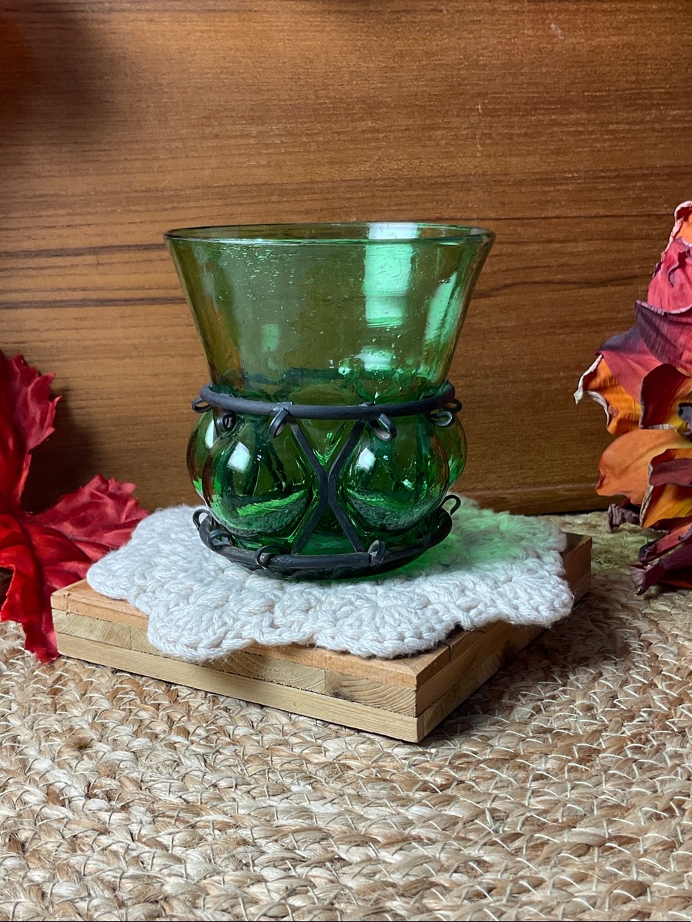 Vintage Green Bubble Glass, Wrought Iron, Candle holder/Hand Blown Vase